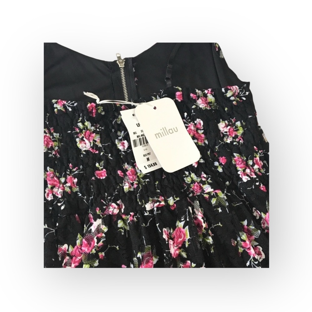 new LF Millau 𑁍 Floral Print Lace Babydoll Dress 𑁍 Black with Pink Flowers 𑁍 M - Picture 8 of 16